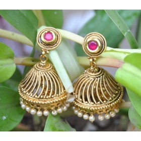 Ruby Studded Pearl Jhumkas